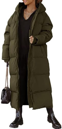 EsukAr Lång quiltad damkappa med huva, maxilängd, långärmad, pufferjacka, vadderad kappa, vinter, ytterkläder, Armégrönt, L