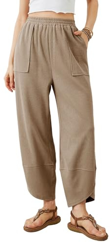 Xiaoxuemeng Womens Baggy Wide Leg Pants Casual Elastic Waisted Palazzo Harem Pants with Pockets (Khaki-M)
