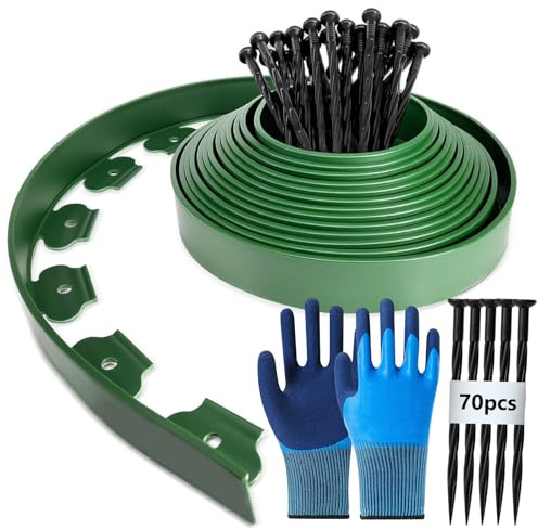Bordo flessibile per prato in plastica, 15 m (L) x 5 cm (A) bordure per prato bordatura per aiuole, con 70 ancoraggi per terra + 1 paio di guanti (Verde)