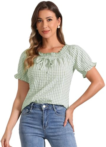 Allegra K Gingham Plaid Blouse for Women St. Patrick's DayPeasant Round Neck Ruffles Puff Sleeve Top Green M