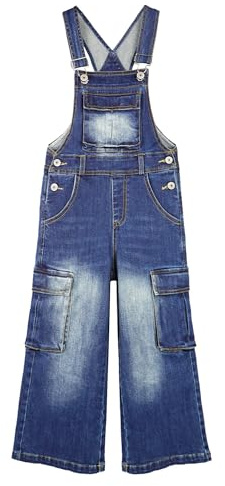 KIDSCOOL SPACE Girls Denim Overalls,Wide Leg Accordion Deep Heel Pockets Cargo Jeans Dungarees,Deep Blue,12