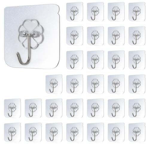 AMANDELIZABE 32 ganci autoadesivi trasparenti – Ganci adesivi extra forti, elevata portata – Ganci adesivi girevoli a 180° per soffitto o parete, discreti, ideali per cucina, bagno, decorazione