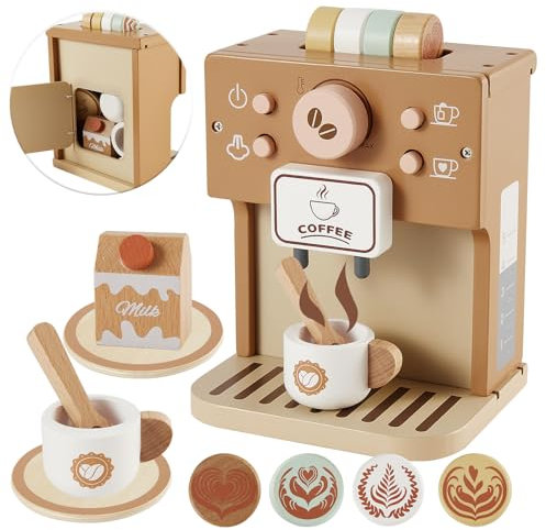 BUYGER Kinder Kaffeemaschine Kinderküche Zubehör Holz, Küchenspielzeug ab 3 + Jahre, Pädagogisches Spielzeug, Geburtstags Geschenke für Kinder Jungen Mädchen