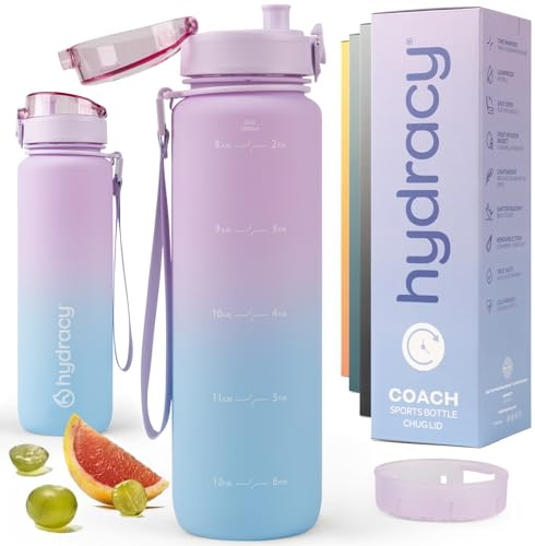 Hydracy botella de agua con marcador de tiempo - Botella grande de 1 litro con gradiente libre de BPA - Botella de gimnasio a prueba de fugas con infusor de frutas, colador y horarios para beber