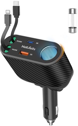 MAGJIEYX Car Cigarette Lighter Splitter Charger, Fast Car Phone Charger with 1-Socket(100W) Charging Adapter and USB C Coiled Cable for iPhone 17 16 15, Galaxy S25 Ultra/iPad/GPS/Dash Cam/Laptop