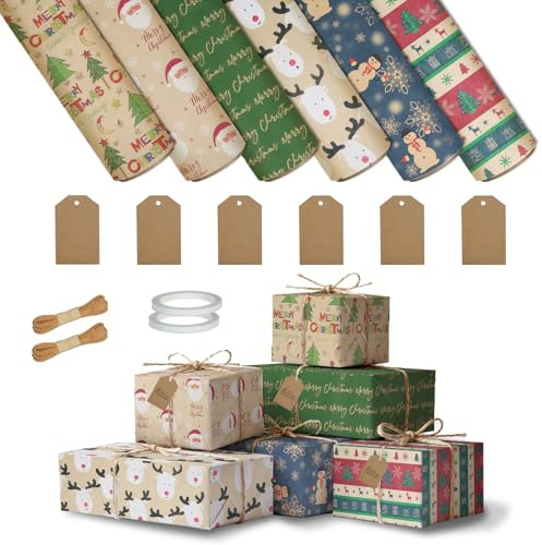6 rollos papel regalo navidad, 43cm x 3m papel de regalo navidad, papel de regalo, rollo papel regalo navidadcon cuerda kraft, cinta adhesiva doble cara y tarjetas, set con papel kraft rollo