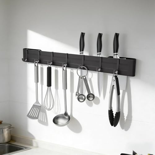WJUAN Support Ustensiles Cuisine, 40 cm Barre de Ustensiles Suspension Autocollant, Gris Crochet Cuisine Sans Perçage, avec Accessoires Autocollants, pour Cuisines, Couloir, Salon