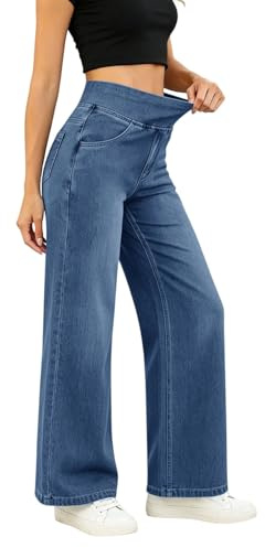 Denim Jeans for Women UK Elasticated High Waist Stretchy Sweatpants Jeans Soft Breathable Loungewear Wide Leg Denim Trousers with Pockets Baggy Pull-on Denim Pants for Travel Holiday Office