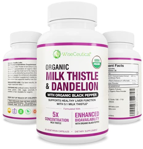 Max Absorption USDA Organic Milk Thistle Potent 5:1 Concentrated Extract (2000mg Strength) & Organic Dandelion Root | Silymarin Antioxidant Flavonoid | Liver Support Supplement (60 Count (Pack of 1))