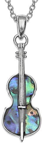 Kiara Jewellery Collier avec pendentif violon incrusté de coquille d'ormeau bleu verdâtre naturel sur chaîne de 45,7 cm, Base en métal plaqué argent/rhodium incrustée de coquille de paua naturelle,