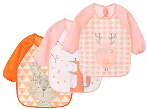NOVAGO Lot de 3 Bavoirs Tablier résistant à l'eau à Manches Longues,Tablier de Repas,de Jeu,de Peinture pour Les Enfants de 6 à 36 Mois (3 pcs, 1)