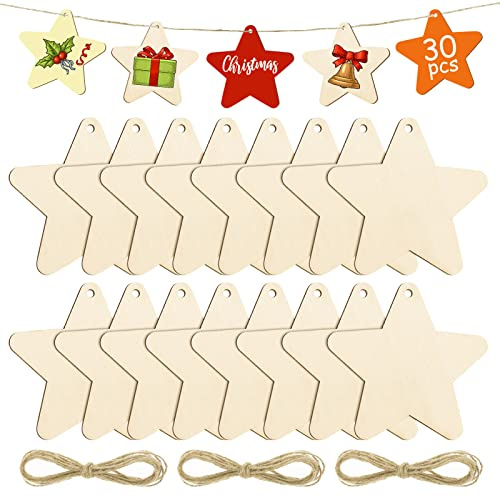 Kiiwah 30 Pezzi Ciondolo di Stelle Natale in Legno, Pendenti di Stelle in Legno con Spago per Decorazioni Alberi di Natale e Forniture Natalizie (Stelle)