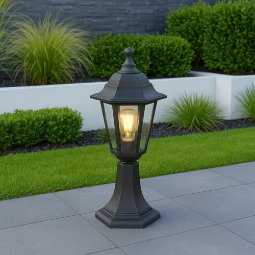 CGC Lighting Outdoor Post Bollard Pathway Black Short Pedestal Lantern Traditional Vintage Garden Lamp