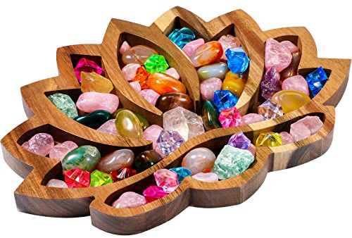 Vesici Lotus Crystal Tray for Stones Crystals and Healing Stones Flower Wooden Crystal Storage Holder Tray Lotus Shape Decorative Jewelry Display Trays Organizer Bowl Decor(Classic)