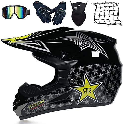 Casco Motocross Niño ECE Homologado, Casco Cross Motocicleta MX Enduro para Mujer Hombre Adultos Infantil, Casco Moto Integral Casco Descenso con Gafas Máscara Guantes Red De Casco, Bright Black-S