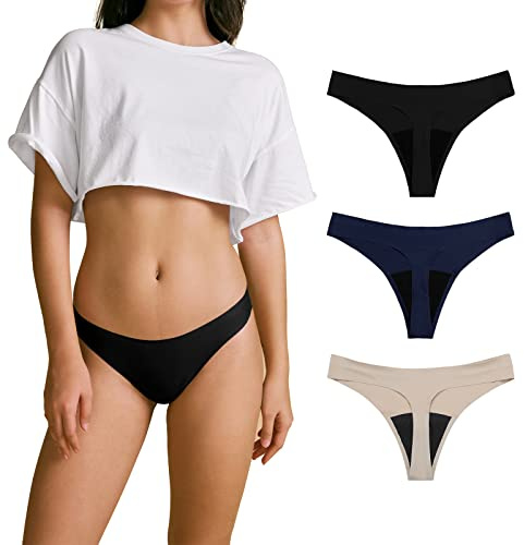SHARICCA Culotte Menstruelle Absorbant Tanga Menstruelle sous VêTement Lavable RéUtilisable String Menstruelle Sportifs pour Filles RèGles (Noir Bleu foncé Beige, XL-1)