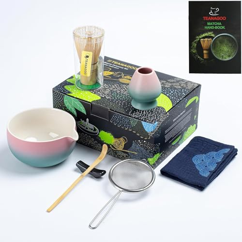 TEANAGOO Matcha Set | Matcha Besen| Matcha Tea Set | Matcha Schale |Matcha Besen Set|Matcha Schale mit Ausgießer Bambus-7 Stück Matcha zubehör für Matcha Liebhaber,N11, Grüner Farbverlauf Rosa