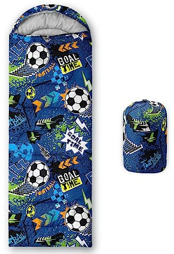 HOSIMA Sacos de dormir para niños con temática azul de fútbol de moda, estampados, ligeros, cálidos, portátiles, para exteriores e interiores, impermeables, resistentes al frío, saco de dormir para