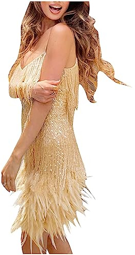 Dyhxuan Vestido de flecos para mujer, sexy, monocolor, brillante, con plumas, sin mangas, tirantes delgados, minivestido de cuello en V, vestido de patinadora, hombros descubiertos, vestido de fiesta,