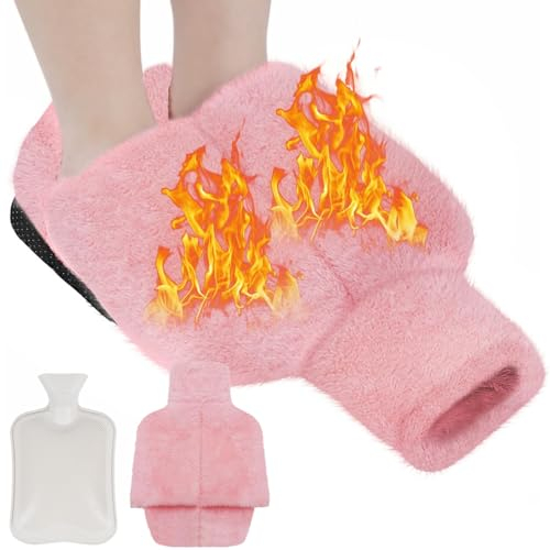 Flintronic Calienta Pies Bolsa Agua Caliente, 2 en 1 Calefactor Pies Zapatillas Peluche, Calentador de pies sin electricidad, para los pies fríos en invierno, para mujeres/hombres/adultos-Rosa