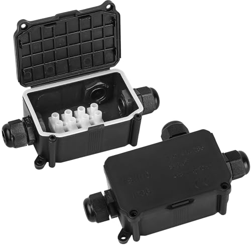 2 Pcs IP66 Waterproof Junction Box, 3-Way Outdoor Electrical Cable Wire Connectors, Black Extension Cable Connectors Junction Boxes with PG9 Glands for Ø4mm-8mm Ø6mm-10mm Cable Cord