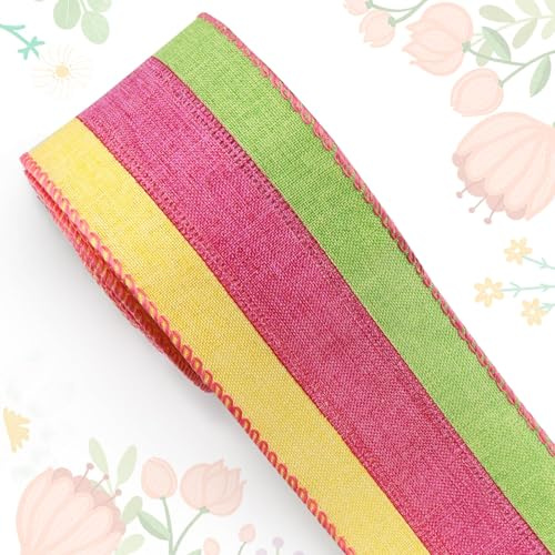 Estivaux Spring Craft Ribbon for Wreath Bows, 2.510 Yards Wired Edge Pink Green Yellow Burlap Wedding Ribbon for Crafting Sewing DIY Crafts Supplies