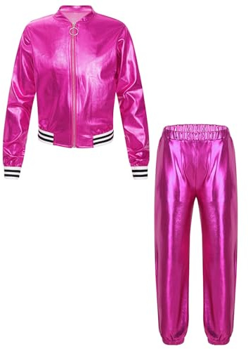 TTAO 2 piezas Conjunto de ropa de baile para niños y niñas Hip Hop, traje de baile metálico brillante, chaqueta y pantalón de jogging para niños, ropa de baile de jazz, Rosa, 158-164