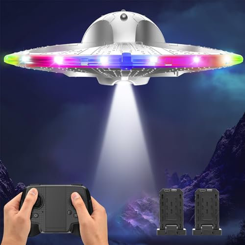 Schaumstoff UFO-Drohne für Kinder – RC-Flugzeug mit bunten LED-Lichtern, ferngesteuerter Helikopter mit Auto-Hover, 2 Akkus (15 Minuten Flugzeit)