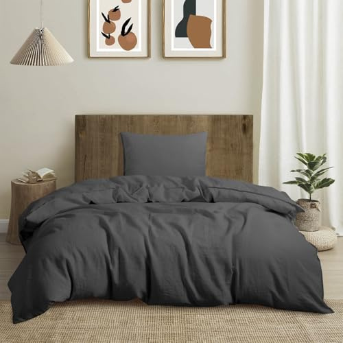 CHUFFED Biancheria da letto in lino 155 x 220 cm, 2 pezzi, 100% lino naturale, 1 copripiumino 155 x 220 cm + 1 federa 80 x 80 cm, con chiusura lampo, morbida e traspirante, grigio