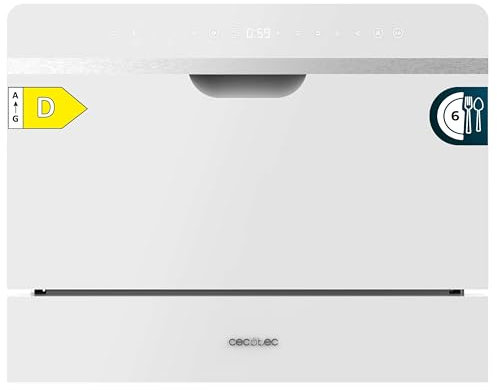 Cecotec Bolero Aguazero 2500 S-BI Lave-vaisselle, compact, semi-intégré, 6 couverts, verre blanc, 1380 W, surface en verre blanc, faible consommation, 5 programmes, écran tactile, départ différé