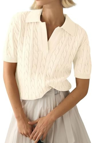 LACOZY Women Summer Short Sleeve Sweater Pullover Polo Tops V Neck Knit Casual Soft Pullover Shirt Apricot S