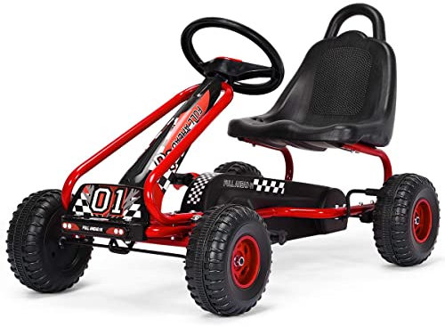 FANTASK Gokart mit verstellbarem Sitz, Go Cart mit Handbremse, Tretauto bis 30 kg belastbar, Kinderfahrzeug für Kinder von 3-6 Jahren (Rot)