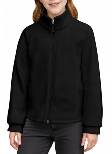 Haloumoning Chaqueta para niña con cuello alto, chaqueta de forro polar para niños, ligera, Sherpa, abrigo de peluche, monocolor, informal, cálido, chaqueta de invierno con cremallera, Negro , 11-12