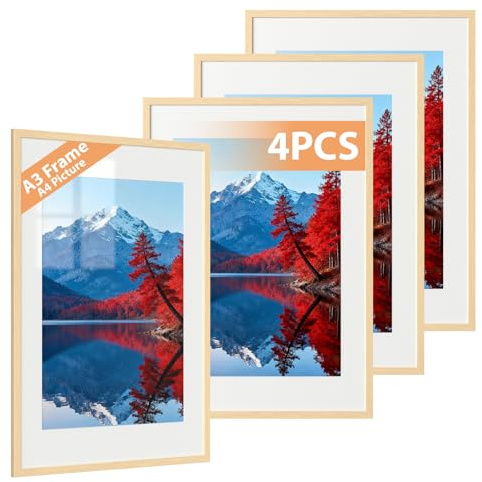 Alyvisun 4 Pcs A3 Cadre, Cadre Photo A3 Display Pictures 20.5x28.7 cm avec Passe-partout ou 28.7x41 cm sans Passe-partout, Cadre Photo Horizontal et Vertical pour Mur ou Table, Ton Bois