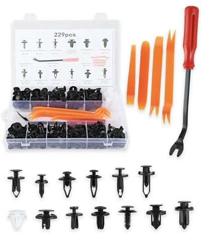 Set clips de fixation voiture & rivet plastique – clips voiture pour panneaux de porte, pare-chocs et ailes, assortiment 229 pcs avec outil demontage garniture voiture