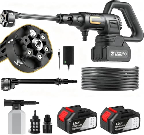 45Bar trådlös högtryckstvätt, batteridriven högtryckspistol med 2 batterier, justerbart 6-i-1 munstycke, filterslang 5 m, bärbar rengöring för bil, terrass och trädgård (svart)