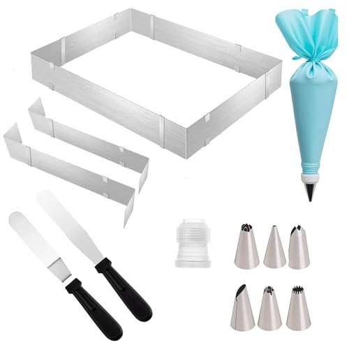 Yolistar Stampo per Dolci Rettangolare Regolabile in Acciaio Inox con Divisori – Cornice per Torte Flessibile (Altezza 5cm) – Ideale come Teglia per Torte, Mousse e Tiramisù – Include Sac à Poche e Bo