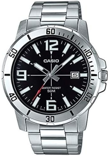 Casio MTP-VD01D-1BV Men's Enticer Stainless Steel Black Dial Casual Analog Sporty Watch, Silver, 48×42×10.7mm, Quartz Movement