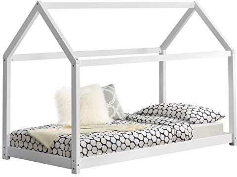 [en.casa] Kinderbett Netstal Hausbett Bodenbett aus Kiefernholz für Kinderzimmer mit Lattenrost ohne Matratze 90 x 200 cm Weiß