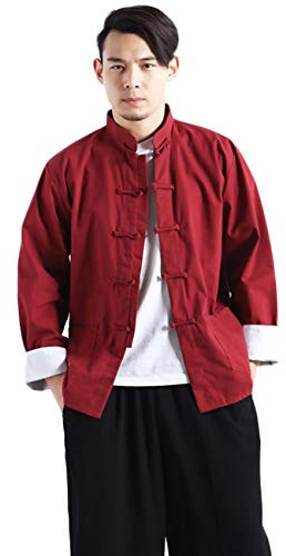 LUZU JUNU Men's Cotton Linen Kung Fu Shirt Chinese Traditional Tang Suit Tai Chi Blouse Long Sleeve Frog Buttons Coat Jackets (US, Alpha, Large, Regular, Regular, Wine Red)