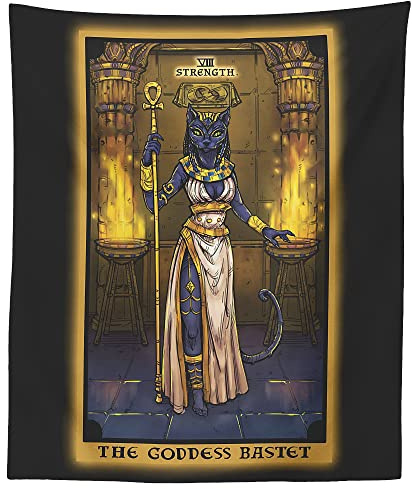 The Goddess Bastet Strength Tarot Card Tapestry - Egyptian Cat Goddess Bast Pagan Witch Wall Hanging Home Decor (80 x 68)