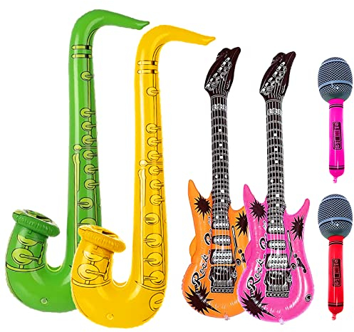 6PCS Inflatable Musical Instruments Balloons Inflatable Guitar Saxophone Microphone Balloon Set Inflatable Party Props Blow Up Inflatable Rock Star Toy Set for Adult Kid Party 80s Decorations Karaoke