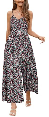 LAISHEN Jumpsuit for Women UK Playsuits Wide Leg Dressy Pants Overall Ladies Summer Casual Dungarees Romper with Pockets (Floral 01, XL)