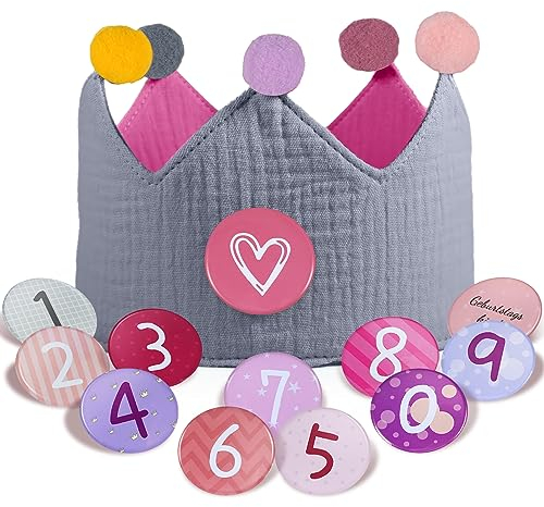 Qetlavee Geburtstagskrone Musselin mit Zahlen,krone geburtstag Jungen Mädchen | Kinder Partyhüte,Party Deko| Kindergeburtstag deko | für den Kindergeburtstag | Krone aus Button Zahlen von 0-9