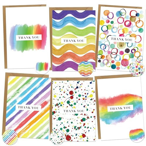 BIROYAL 12 Lot Carte Merci - avec Enveloppes & Stickers - 6 Designs D'aquarelle - Carte De Remerciement pour Enseignant Fin d'année Scolaire Graduation Noël Remerciement - 10.5 x 14.8cm