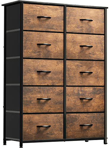 YITAHOME Kommode, Schrank, Aufbewahrungsschrank, 10 Schubladen aus Stoff mit Griffen, Aufbewahrungskommode, rustikal braun