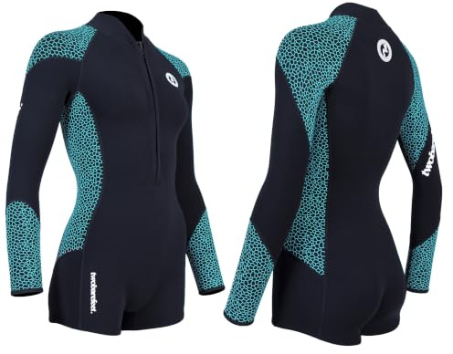 Two Bare Feet Women's Neoprene One-Piece Wetsuit – Premium Swim Suit for Surfing, Swimming, Scuba Diving & Water Sports, Flexible, Durable, Multiple Styles (Silicone Print (Black/Mint), L)