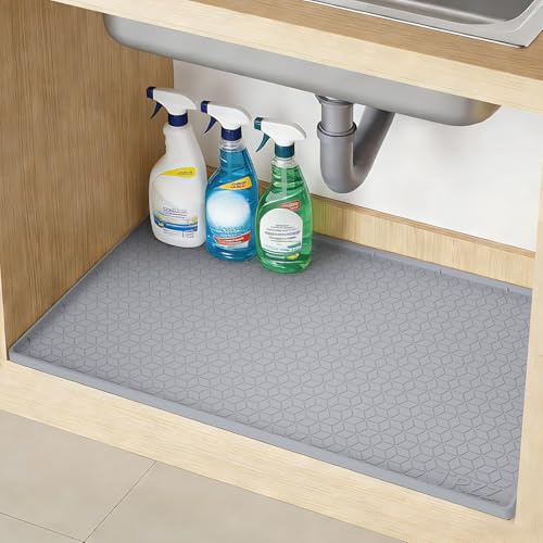TRZZ Silicone Waterproof Under Sink Mat 34 x 19, Drip Tray and Cabinet Liner for Kitchen and Bathroom, Prevents Water Damage and Organizes Cabinets (Grey)