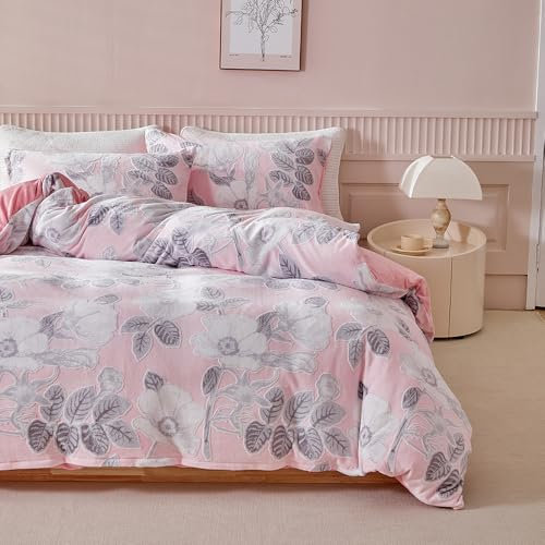 DXHOME Ropa de cama de peluche, 135 x 200 cm, diseño de flores rosas, para niñas, de invierno, mullida, reversible, de microfibra, funda nórdica con cremallera + 1 funda de almohada de 80 x 80 cm