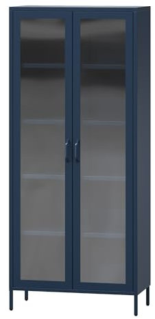 Jan Nowak 2-türiger Vitrinenschrank - Angelo | 80 x 185 x 45 cm | 4 Verstellbare Ablagen, Gehärtetes Glas, Wandmontage | Glasvitrine Stehend, Vitrine Glas, Wohmzimmerschrank Glitzernd | Dunkelblau